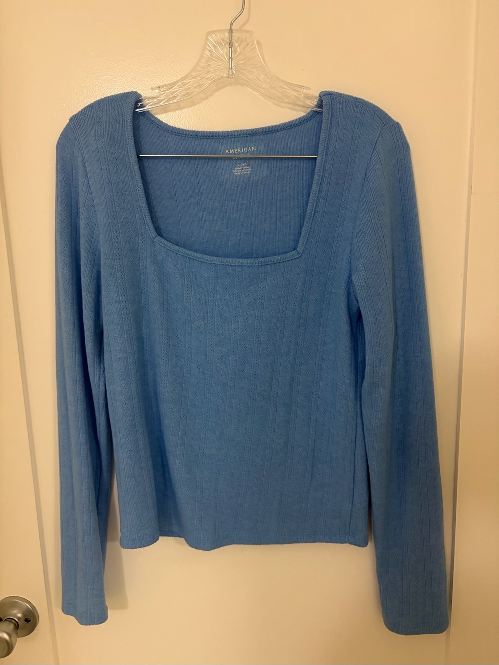 American Eagle Outfitters Light Blue Square-Neck Ribbed Long Sleeve Top